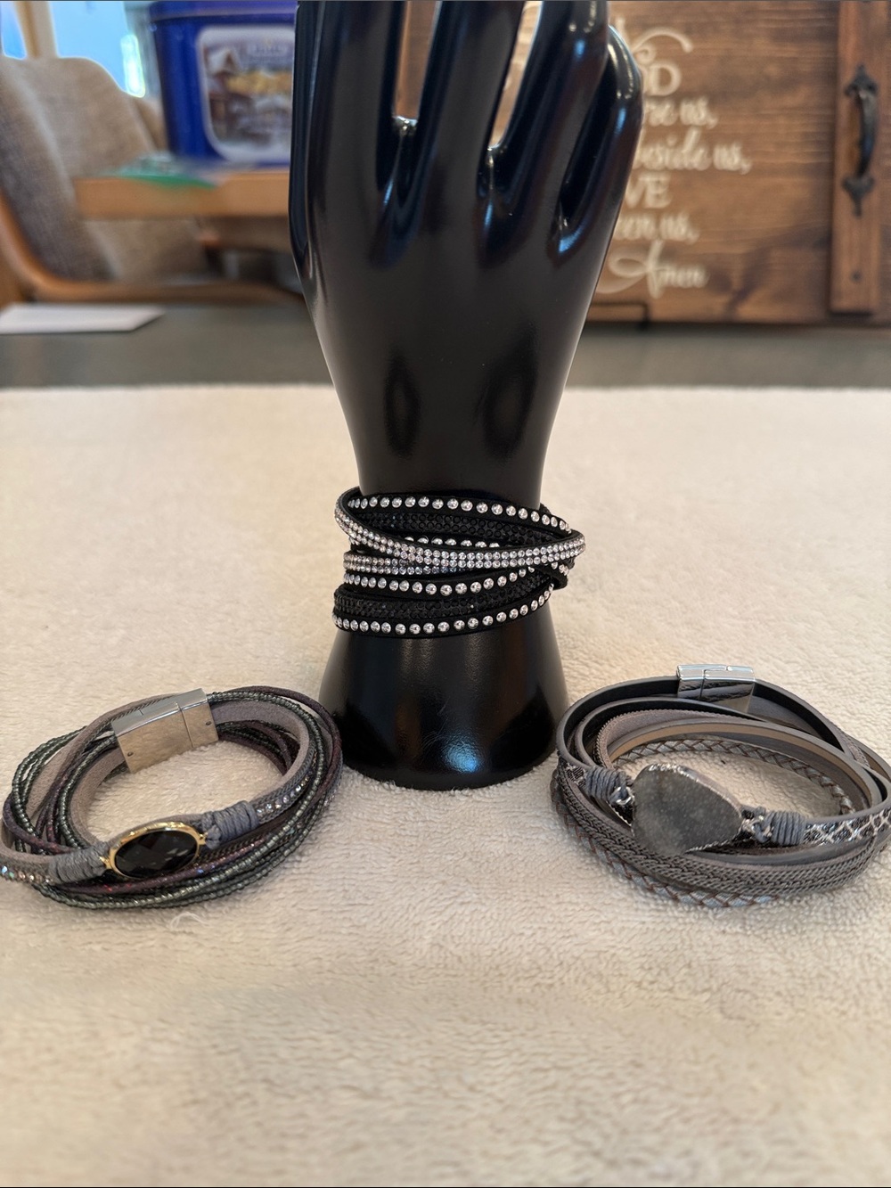 THREE Black & Gray Multi-Layer Beaded & Crystal Wrap Bracelets